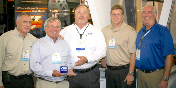 CRP Automotive’s Warren Morley presents Bob Brannon with the 2016 Rep Agent of the Year Award. (left to right) Bob Knight, Partner, PSKB; Bob Brannon, Partner, PSKB; Warren Morley, CRP Automotive National Sales Manager – East; Darren Mohar, Vice President of Sales – Autozone Account, PSKB; and Mark Adin, Partner, PSKB.